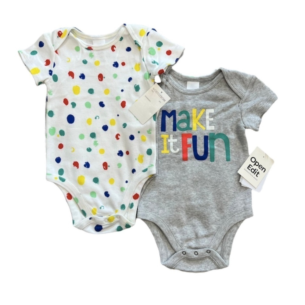 OPEN EDIT Polka Dot MAKE IT FUN Bodysuit 2 PACK Set SHORT Sleeve ORGANIC Sz 12 M